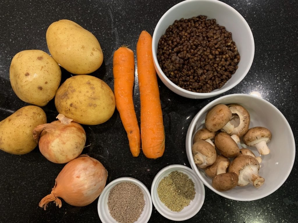 ingredients for lentil and mushroom hotpot