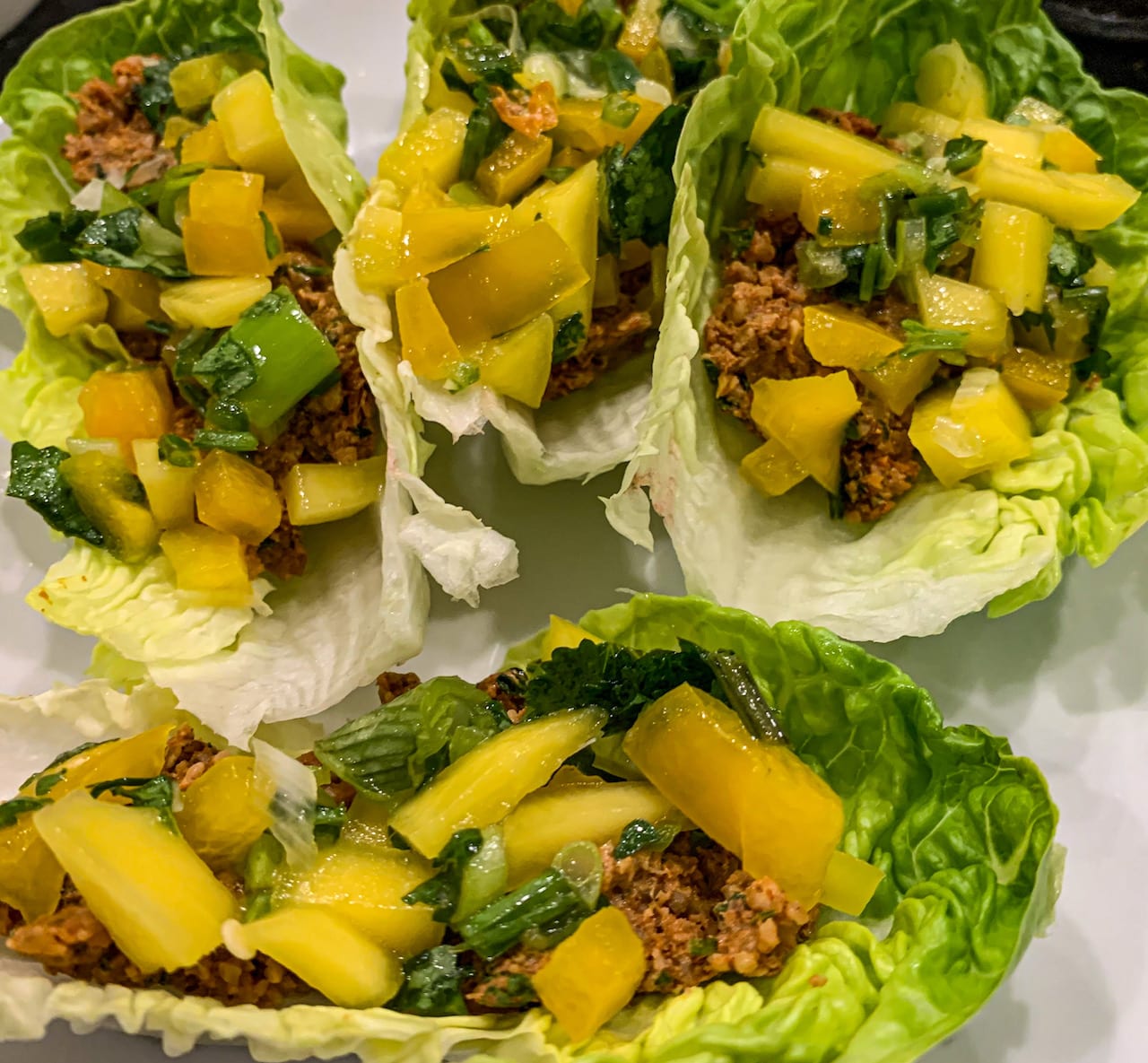 walnut lettuce tacos with mango salsa