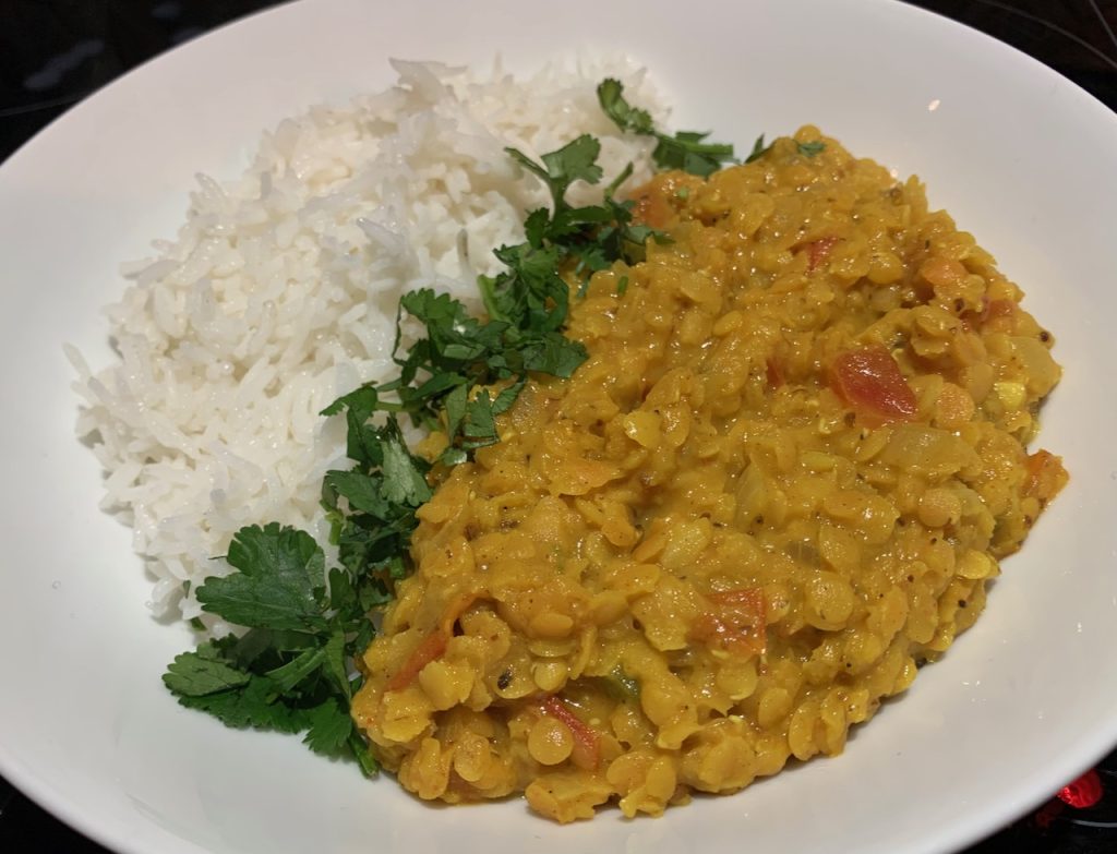 red lentil curry with basmati rice